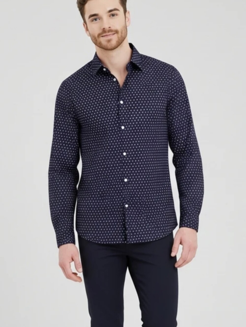 Michael Kors Mens XL 17 34/35 Slim Fit Stretch Navy Blue Geometric Shirt
